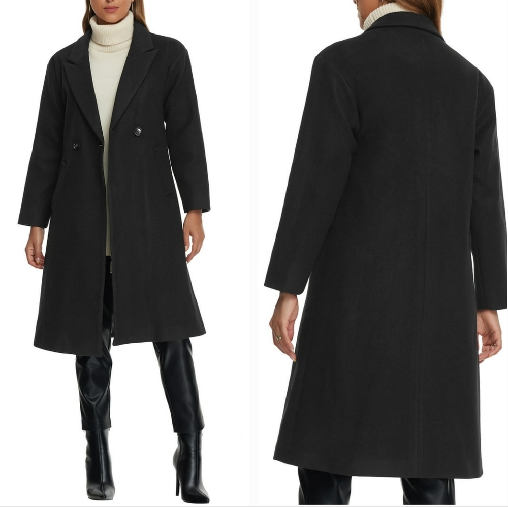 New Women's Black Notch Lapel Double-Breasted Oversize Coat. Size M